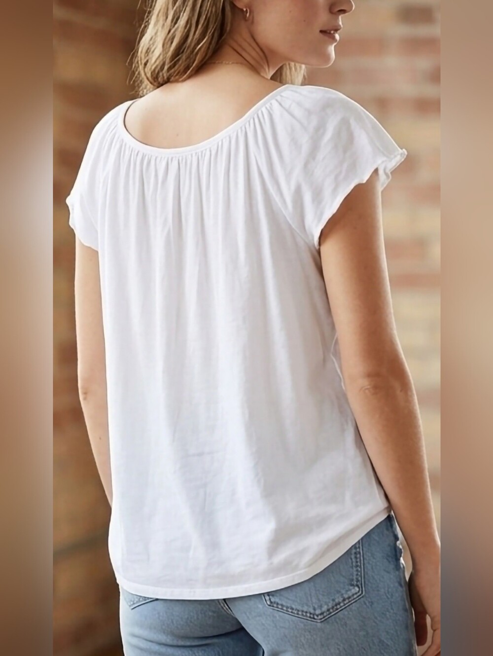 LOFT Ann Taylor White 60%Cotton/40% Modal Smocked Yoke Short Sleeve Blouse Large - Picture 9 of 13